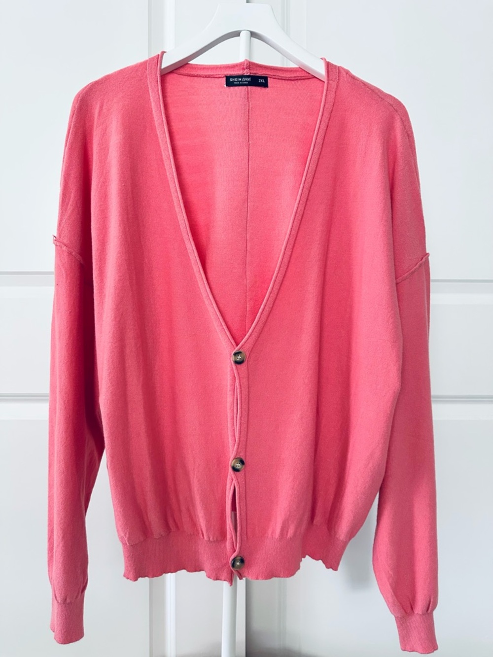 Womenโs SHEIN Coral Pink V-Neck Button Cardigan